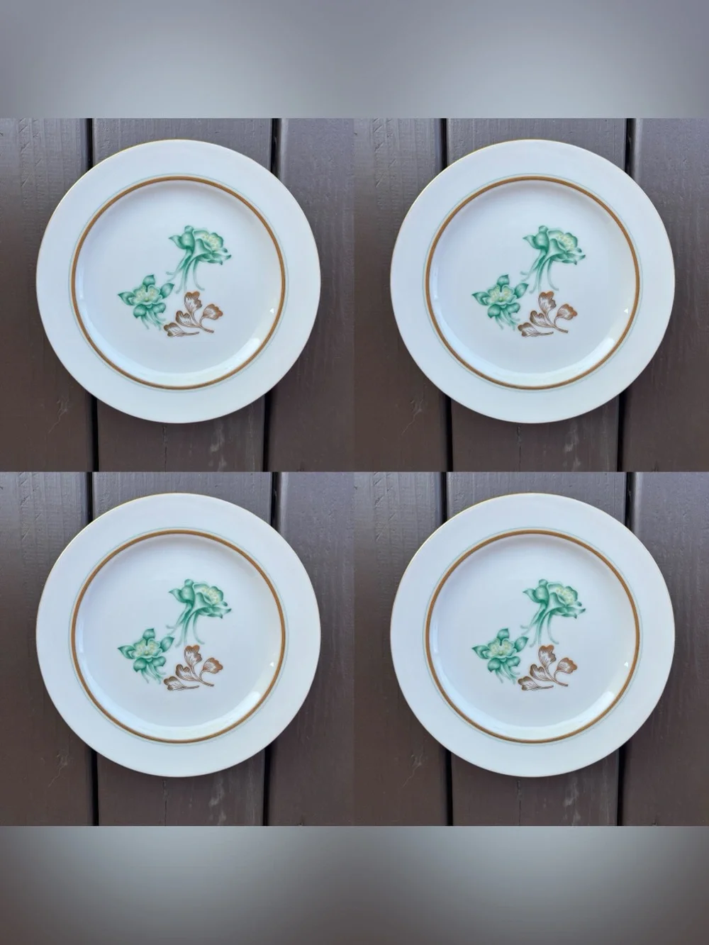 Vintage Wentworth China 4 Columbine Green Floral Salad Plates Gold Trim Cottage